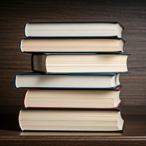 Stack of classic hardcover books on a dark shelf